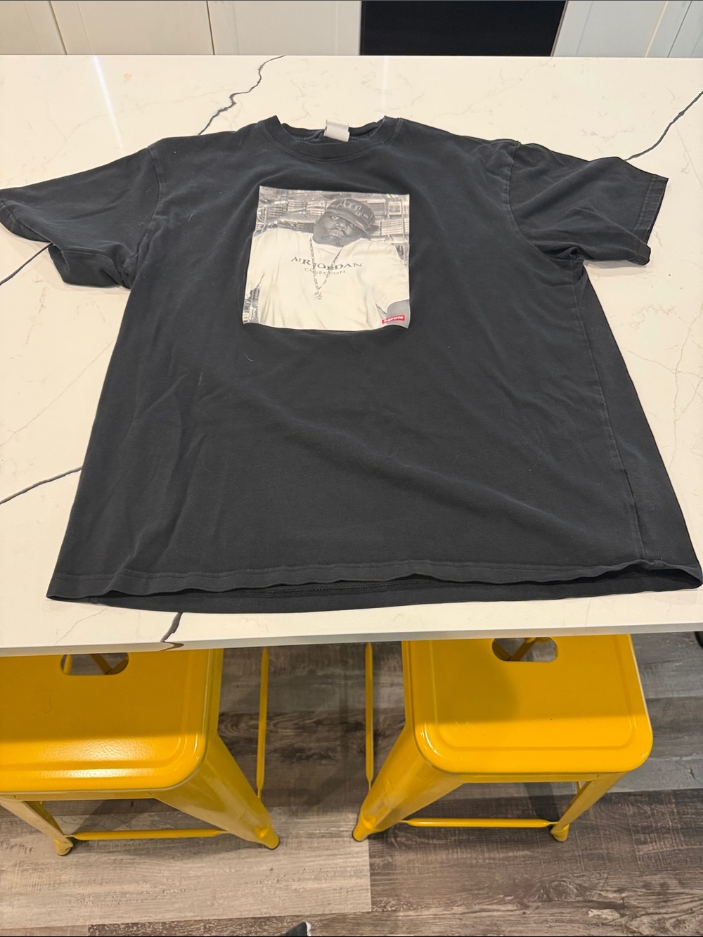 Supreme X Jordan Black Graphic Crewneck Tee with Biggie Smalls picture.